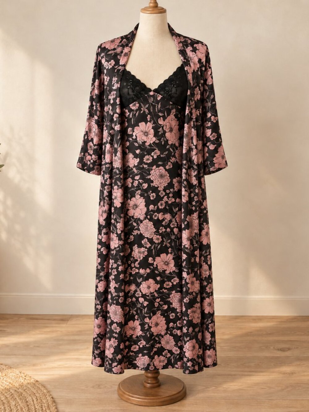 Vintage Versailles lingerie robe and chemise set adjustable pink floral M